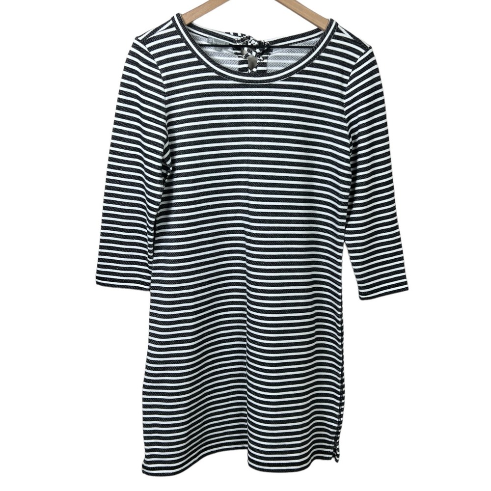 T by Talbots Womens S Tunic Dress Black White Striped Lace Up Back 3/4 Sleeve